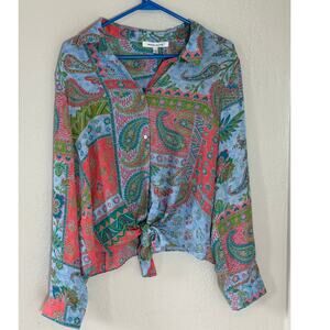 Women's Rose + Olive Blue Pink Front Tie Flowy Blouse Top Shirt Sz XL